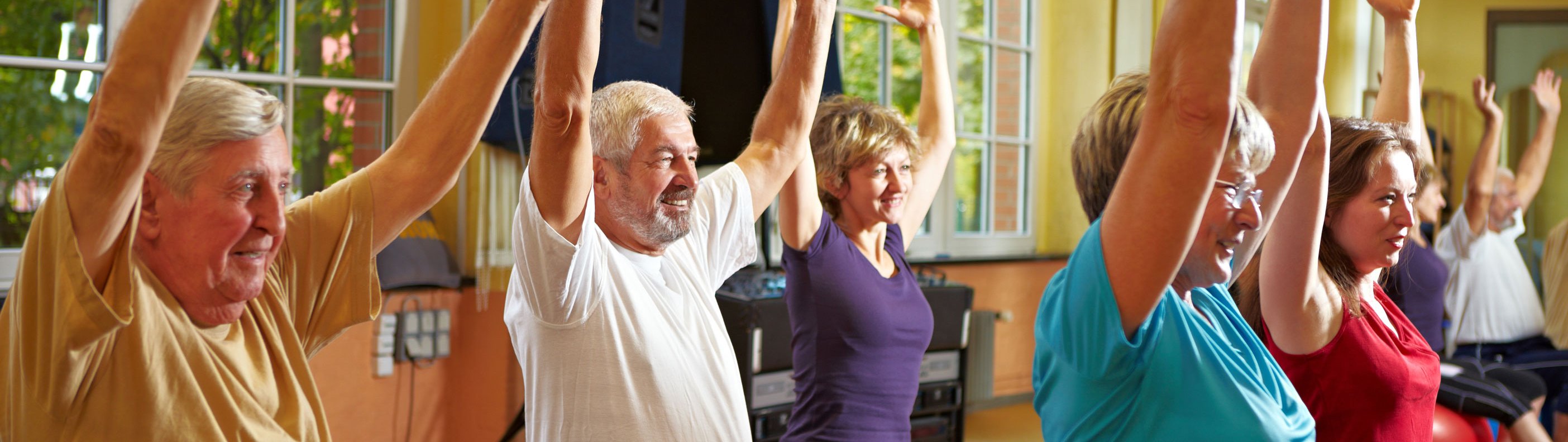 Senioren, die Rückenübungen in einem Fitnessraum machen, auf Sitzball sitzend