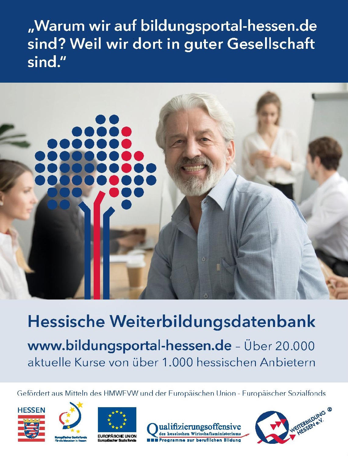 Werbung für die Hessische Weiterbildungsdatenbank (5 Personen in Klassenraum)